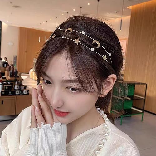 Miniatura 4 de Paquete de 2 diademas con diamantes de imitación de estrella y luna para mujeres y niñas, accesorios elásticos para peinar el cabello, bandas para