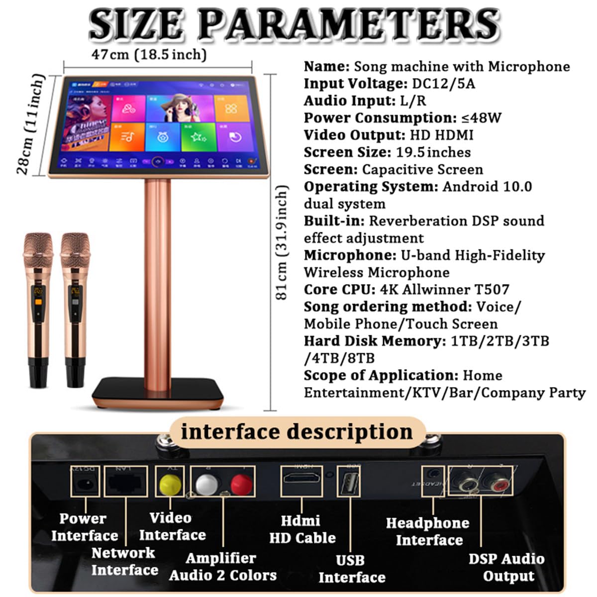 Macchina per Karaoke, Attrezzatura per Karaoke Touch Screen da 19,5 Pollici con 2 Microfoni Wireless Reverb, Lettore Karaoke Ktv per Feste in Casa - Cambio 27 Lingue (Nero 2 TB)