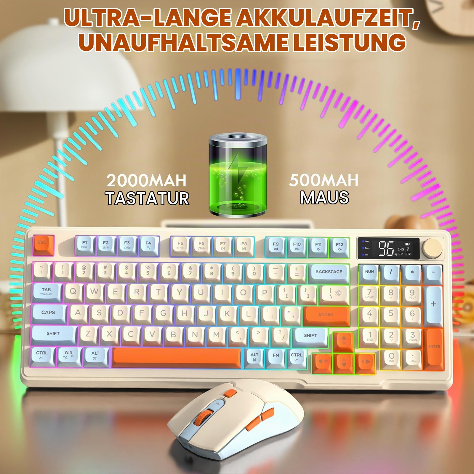 FREEWOLF T96 Kabellose Tastatur und Maus, Bluetooth & 2.4G,PBT-Tastenkappen, QWERTY, Medienrad, Display, Leise Tasten, Anti-Ghosting, Wiederaufladbar(Blaubeere)