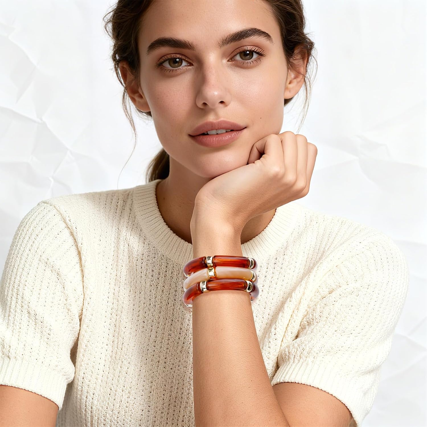 6pcs Acrylic Bangle for Women, Stackable Chunky Acrylic Beaded Bracelets Stretch Resin Bracelets Fashion Jewelry for Women - Image 7