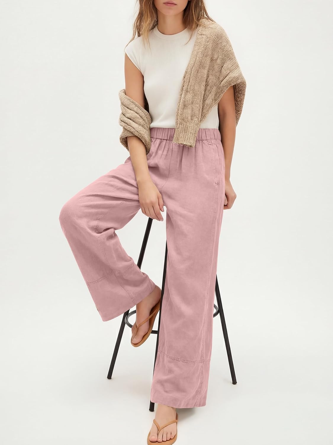 ANRABESS Women's Wide Leg Linen Pants Summer Boho Casual Elastic Waist Long Lounge Travel Pants Trousers with Pockets