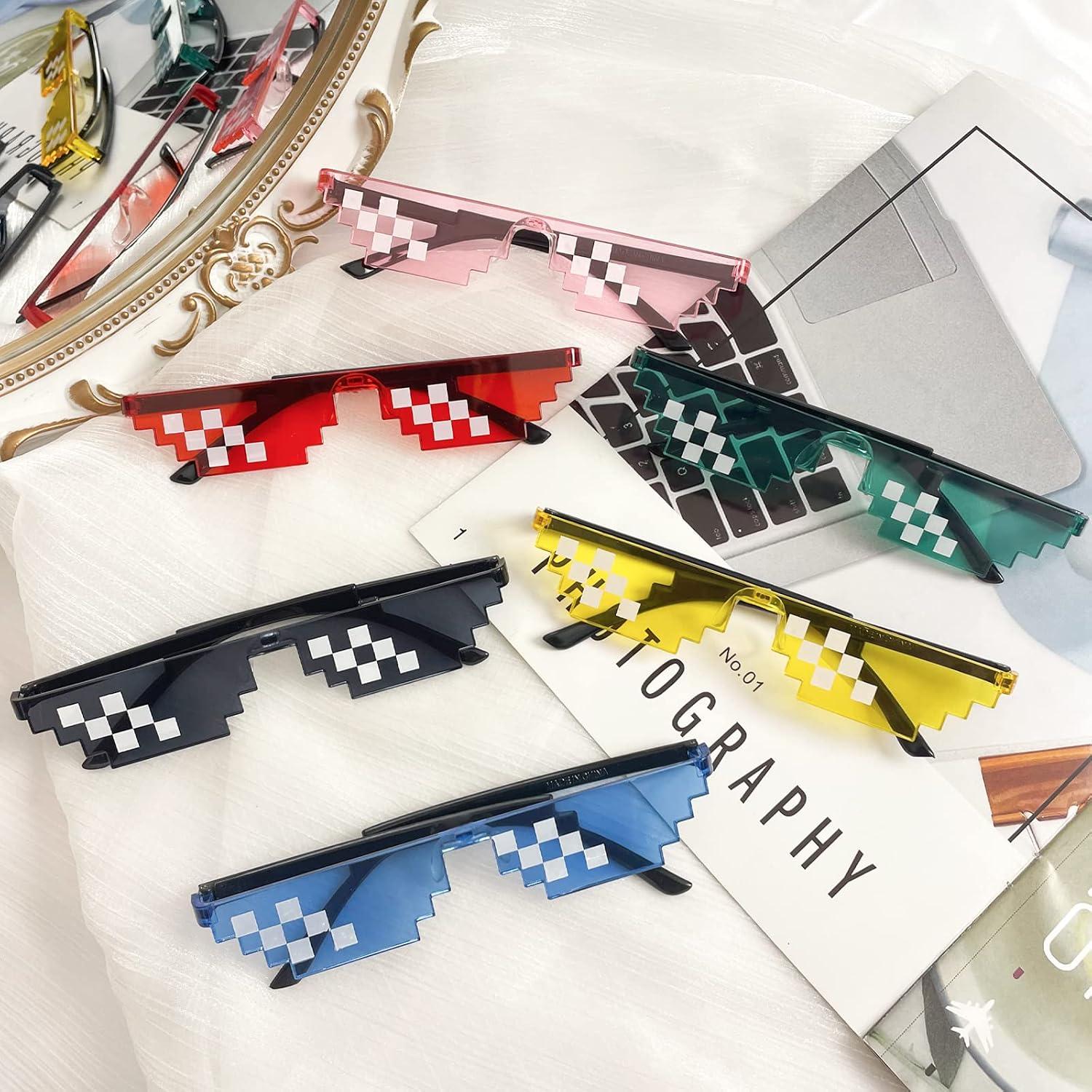 Matcheck 12 Pack Thug Life Party Sunglasses 8 Bit Pixel Glass Multicolor Mosaic Gamer MLG Photo Props Unisex Eyewear