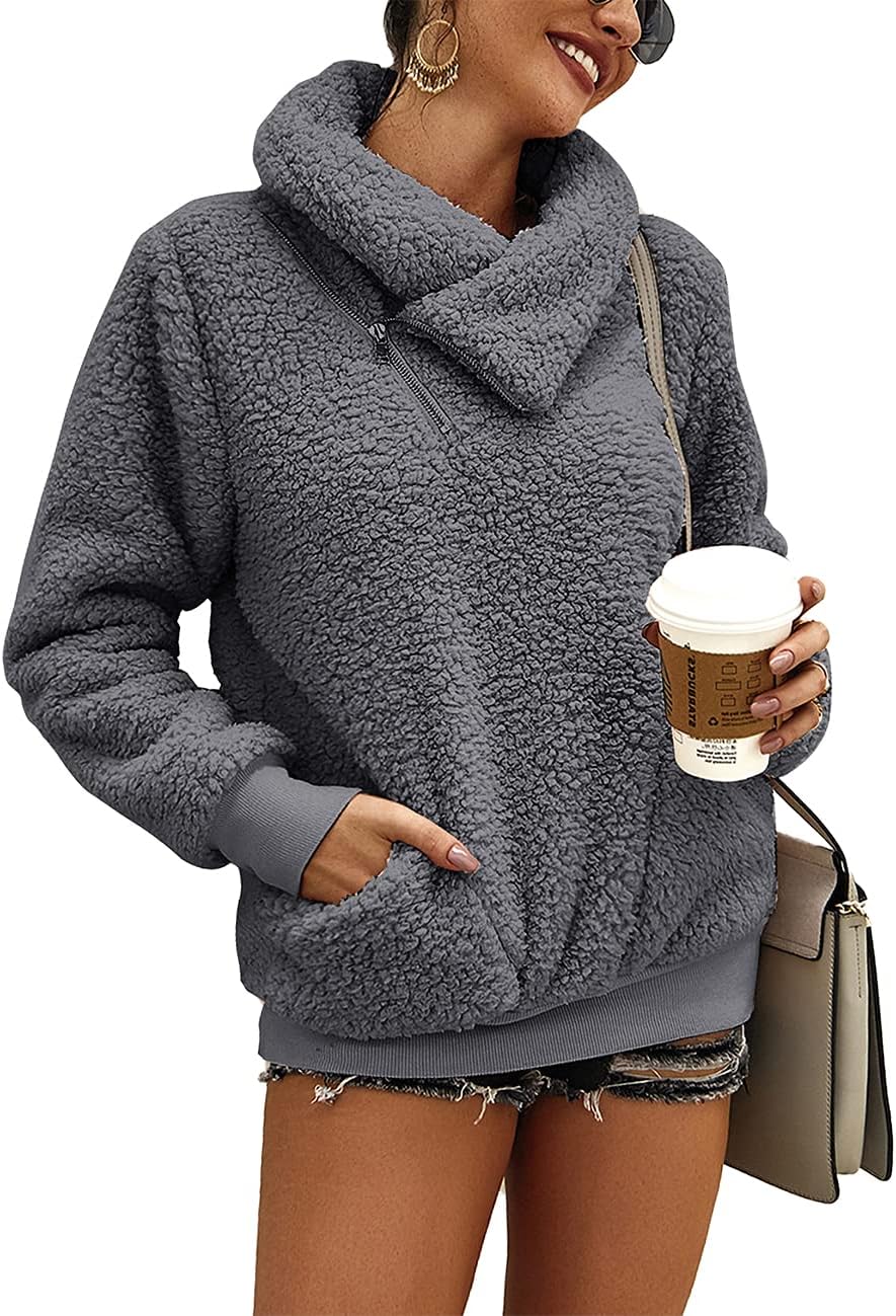 KIRUNDO Women's 2024 Winter Lapel Fuzzy Fleece Sweatshirt Faux Shearling Zipper Warm Sherpa Pullover Outwear With Pockets