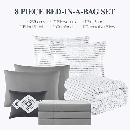 Miniatura 7 de WRENSONGE Juego de edredón bohemio de jacquard tamaño matrimonial, juego de edredón de 8 piezas a rayas blancas y negras, juego de ropa de cama