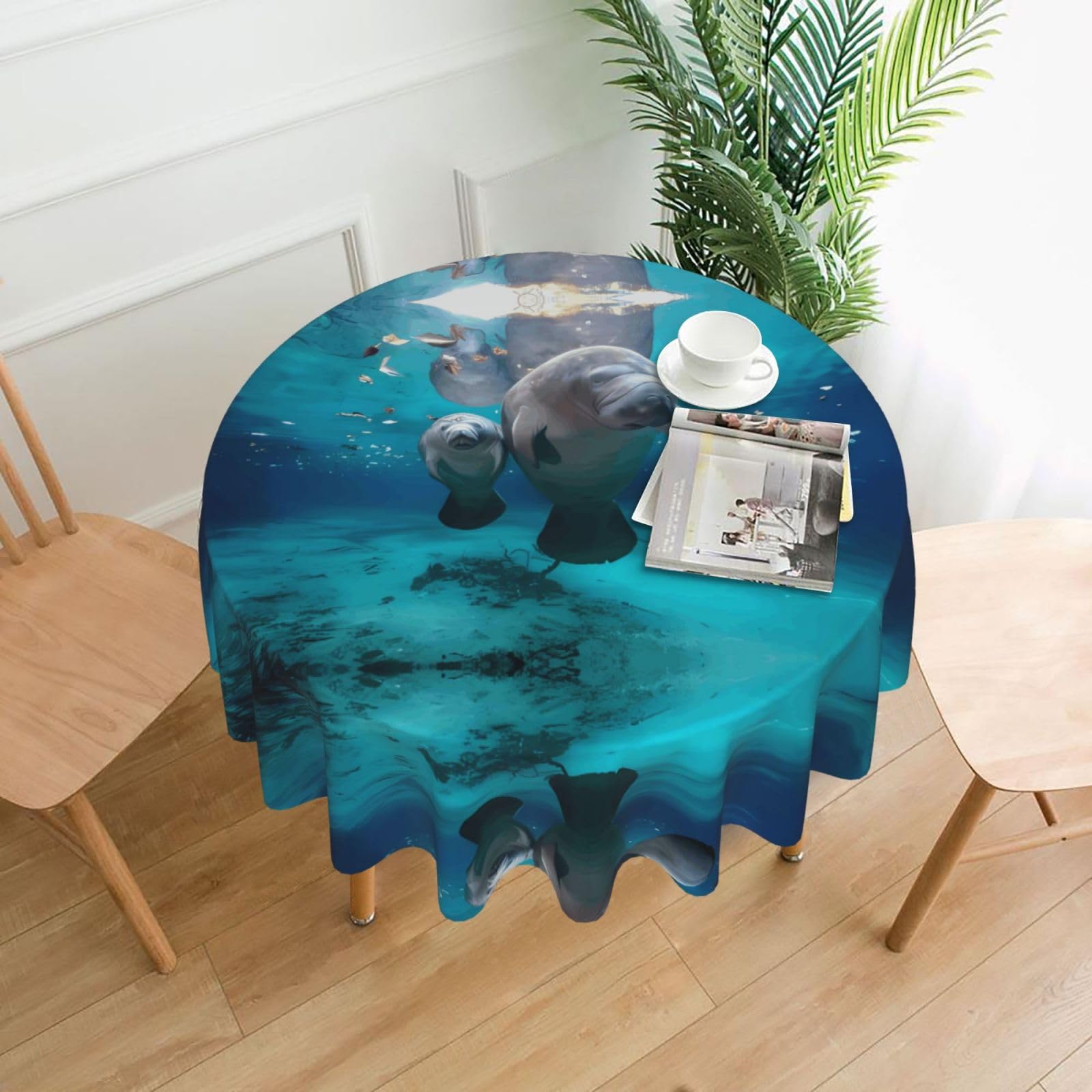 YYHHAOFA Ocean Animal Manatee Prints 60in Round Decorative Tablecloth – High-Grade Polyester Throw Cover for Dining, Parties, and Outdoor Events