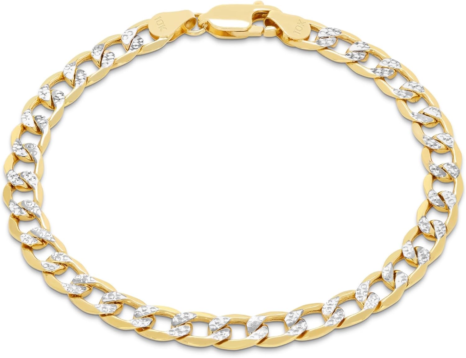Nuragold 10k Real Yellow Gold Cuban Curb Link 5.5mm Diamond Cut Pave Chain Bracelet (7"-9") Two Tone Italian Jewelry for Men & Women