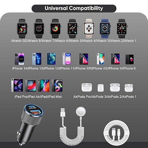 Miniatura 7 de Cargador de coche de 38 W para Apple Watch, cargador rápido USB C para automóvil PD&QC3.0 adaptador de carga de doble puerto, cable USB-C a