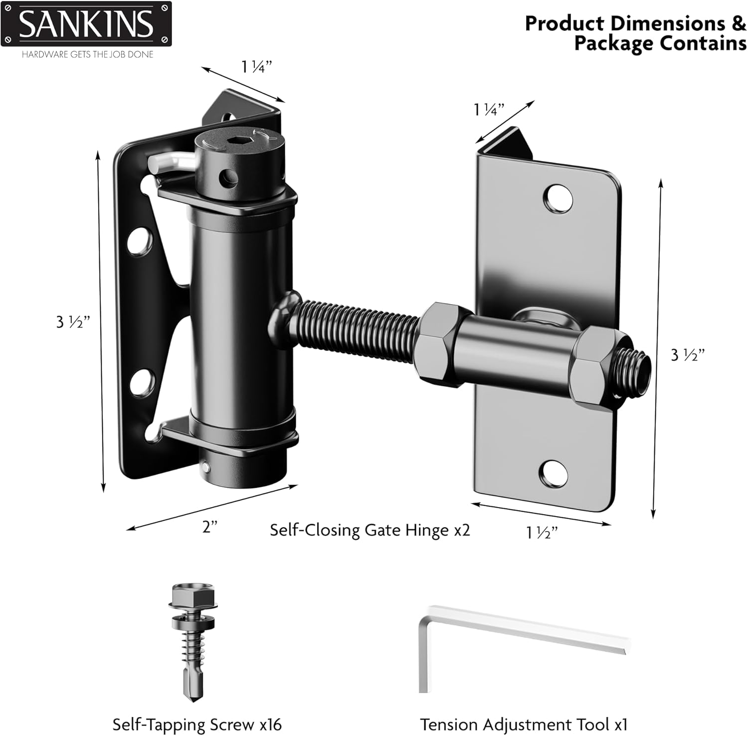 Heavy-Duty Self-Closing Gate Hinges, 90-Degree Adjustable Heavy-Duty Gate Hinges for Metal/PVC/Vinyl/Wood Fences, Narrow Fence Gate Hardware Door Hinges with Adjustable Tension, 2-Pack