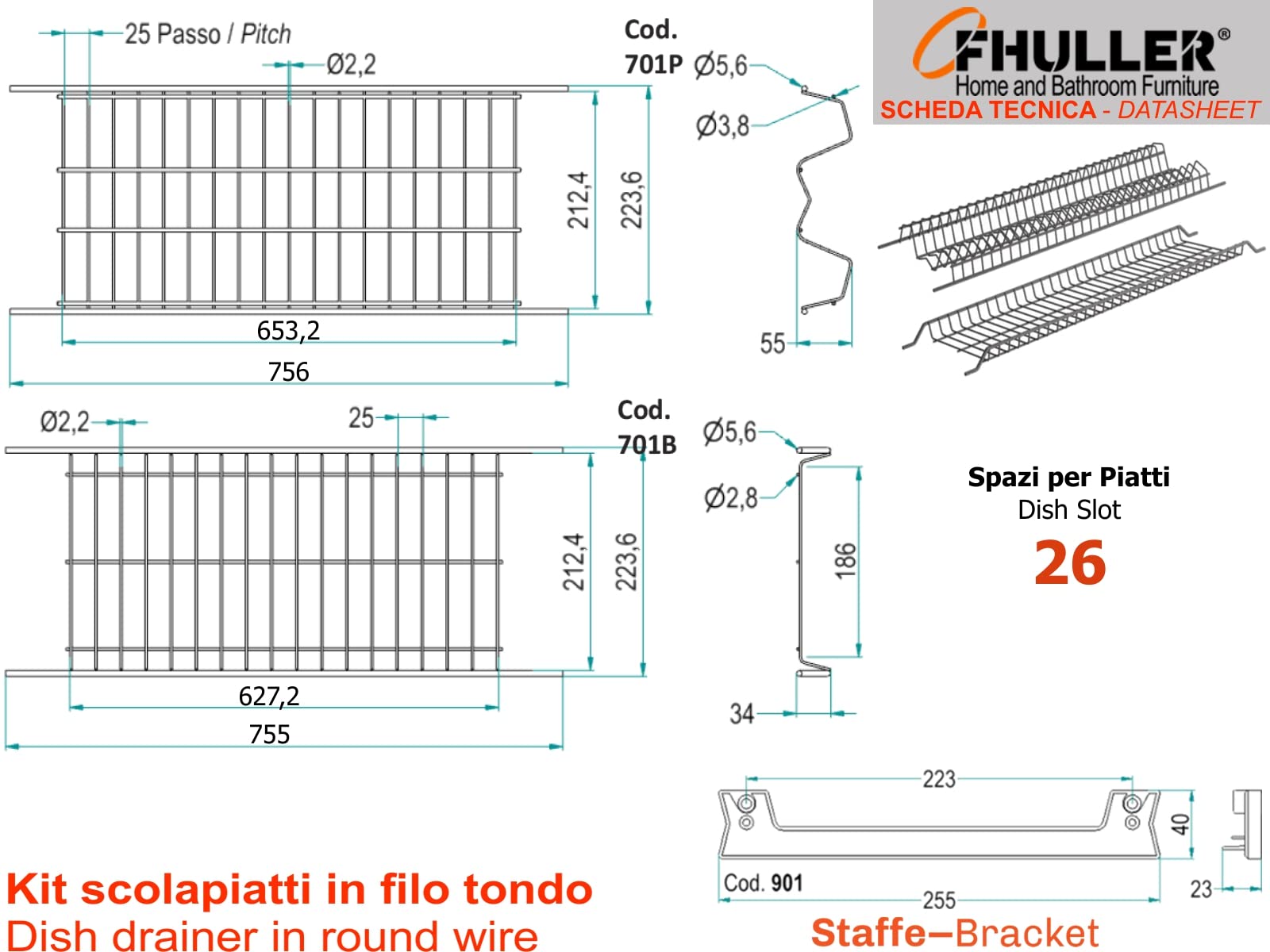 Kit Scolapiatti 76 cm Zincato Grigio Argento da Incasso per Mobile Pensile cm. 80 completo di Vaschetta
