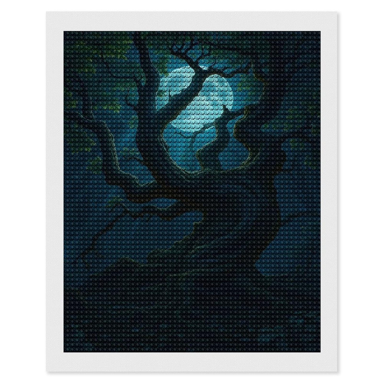 Junmoney Mystical Tree Under Moonlight DIY Diamond Art Canvas Kit 16"x20", Farmhouse Decor, Vintage Style Decor, Handmade Wall Decor, Canvas Picture