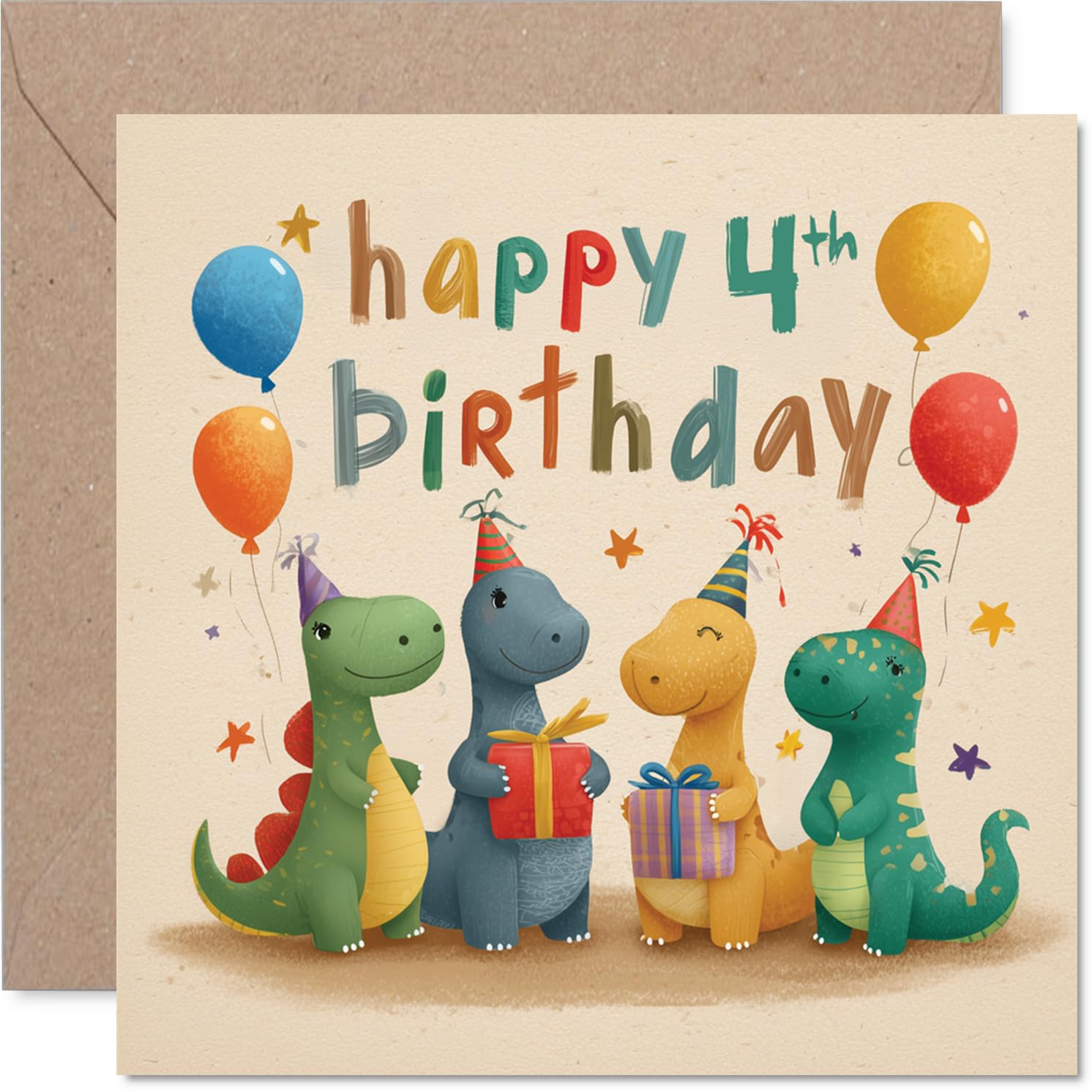 Playful 4th Birthday Card - Roaring Fun for Little Adventurers - Cheerful Dinosaurs with Balloons and Party Hats - 145mm Square, Envelope Included