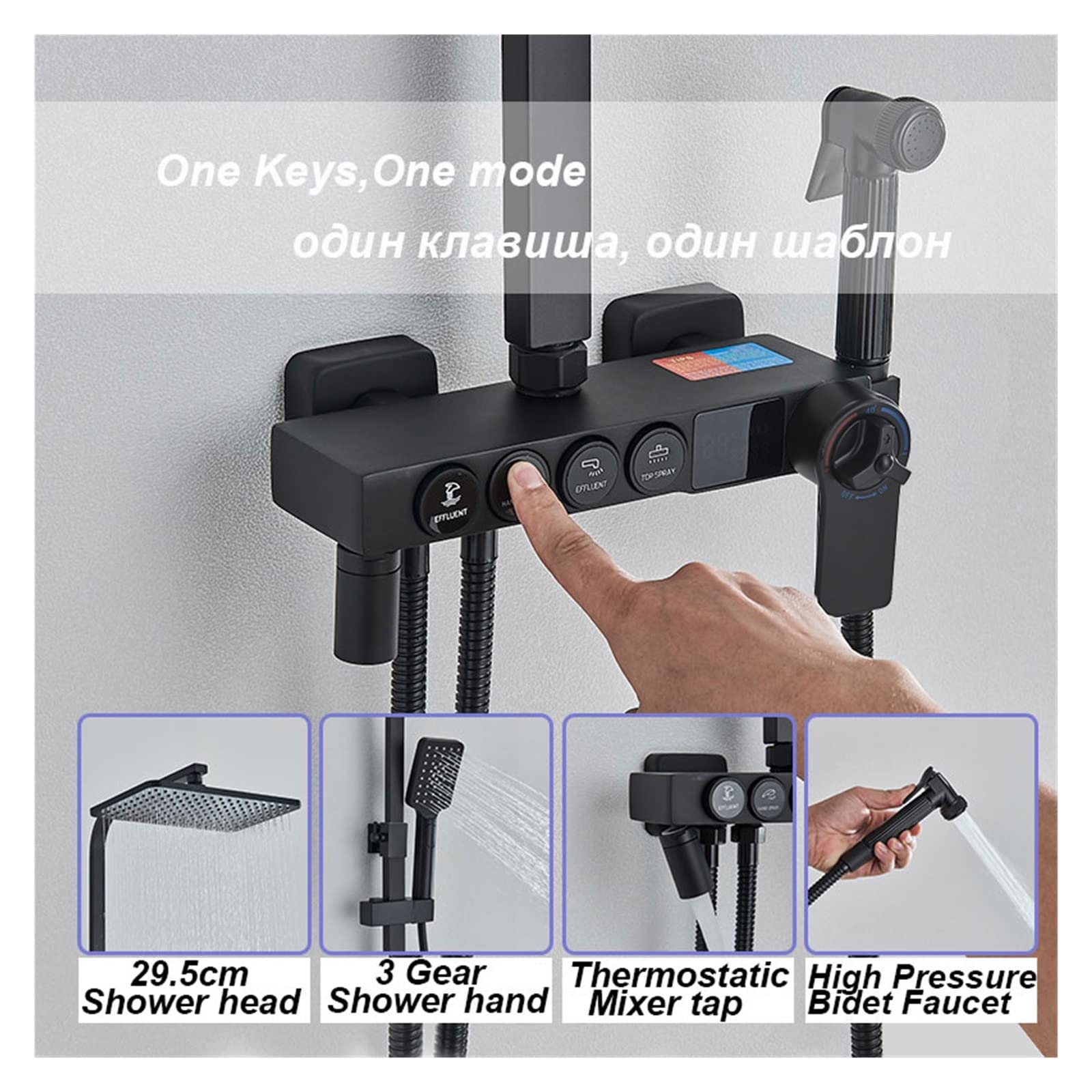 LCD cyfrowy czarny system prysznicowy do łazienki zestaw bateria termostatyczna do łazienki System z 4-kierunkowym zestawem kranów prysznicowych z deszczownicą Mixer Tap(Hold-Cold Black A)
