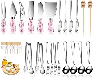 Marble Pink Cheese Knife Set, Ceramic Handle Charcuterie Board Accessories - Butter Spreader, Cheese Slicer, Serving Tongs, Spoons, Forks, Flags, Wooden Honey Dipper