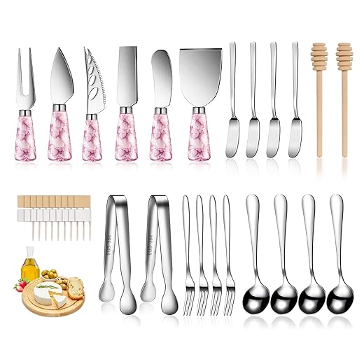 Marble Pink Cheese Knife Set, Ceramic Handle Charcuterie Board Accessories - Butter Spreader, Cheese Slicer, Serving Tongs, Spoons, Forks, Flags, Wooden Honey Dipper
