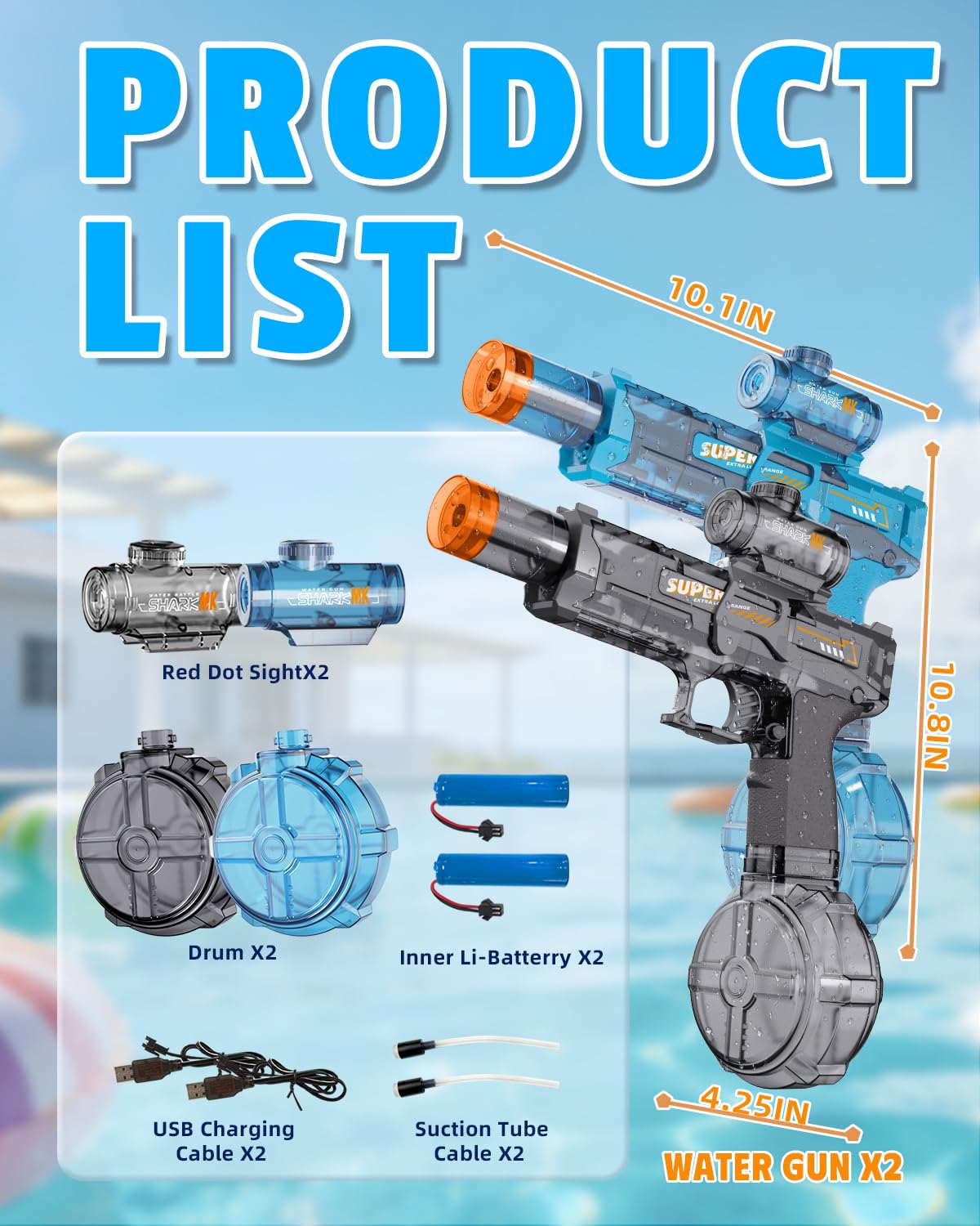 2 Piezas Pistola de Agua Eléctrica, Pistola de Agua Niños con Llama LED, Gran Capacidad Recargable Pistola de Agua Automática, Alcance 8-10 M, Exterior Juguetes para Niños 3+, Piscina, Playa, Fiesta
