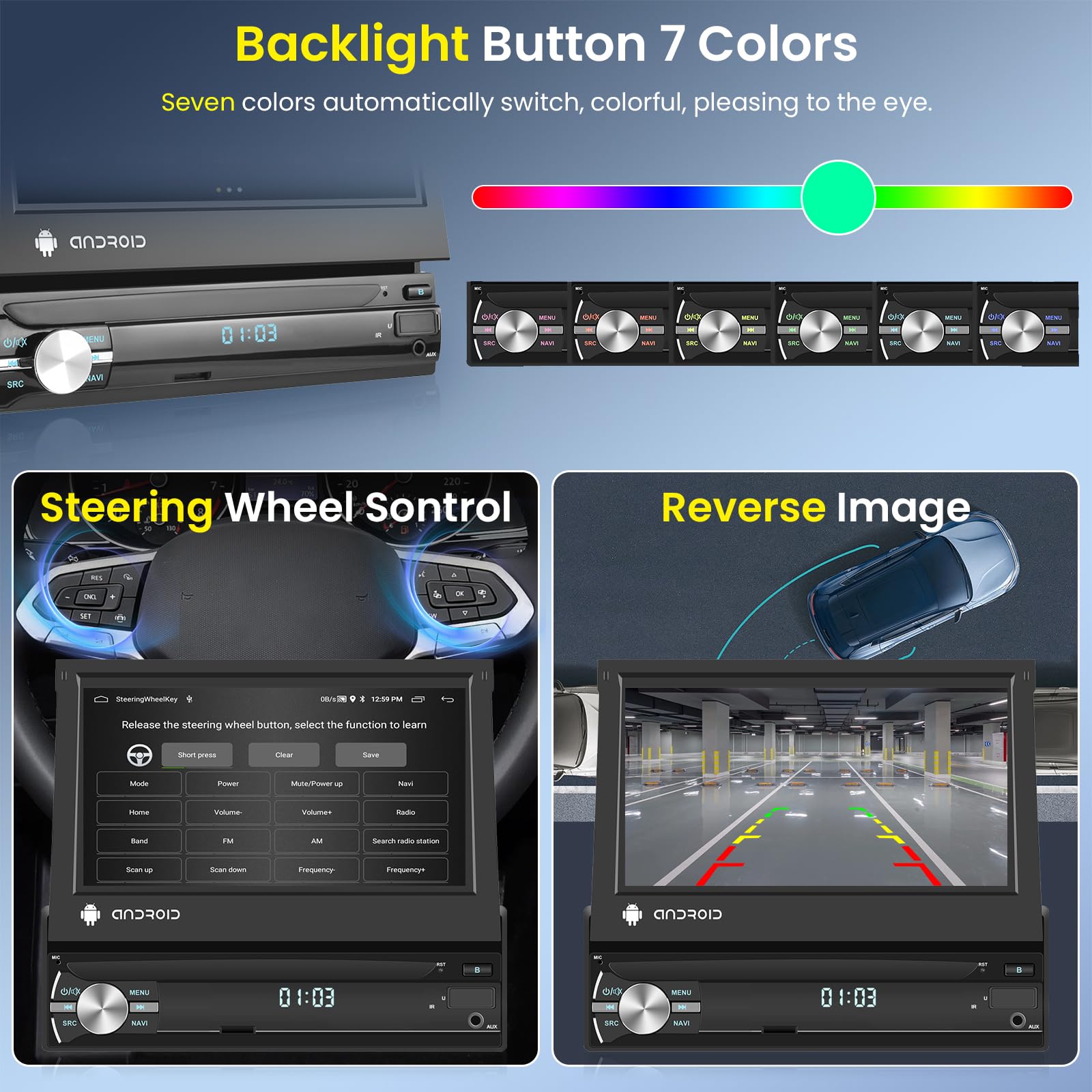Hodozzy 2GB+64GB Android Radio 1 DIN con Carplay Android Auto Navegación GPS, WiFi, Bluetooth, FM/RDS Radio, Pantalla Táctil de 7 Pulgadas con Mirror Link, USB/AUX, Controles Volante, Cámara