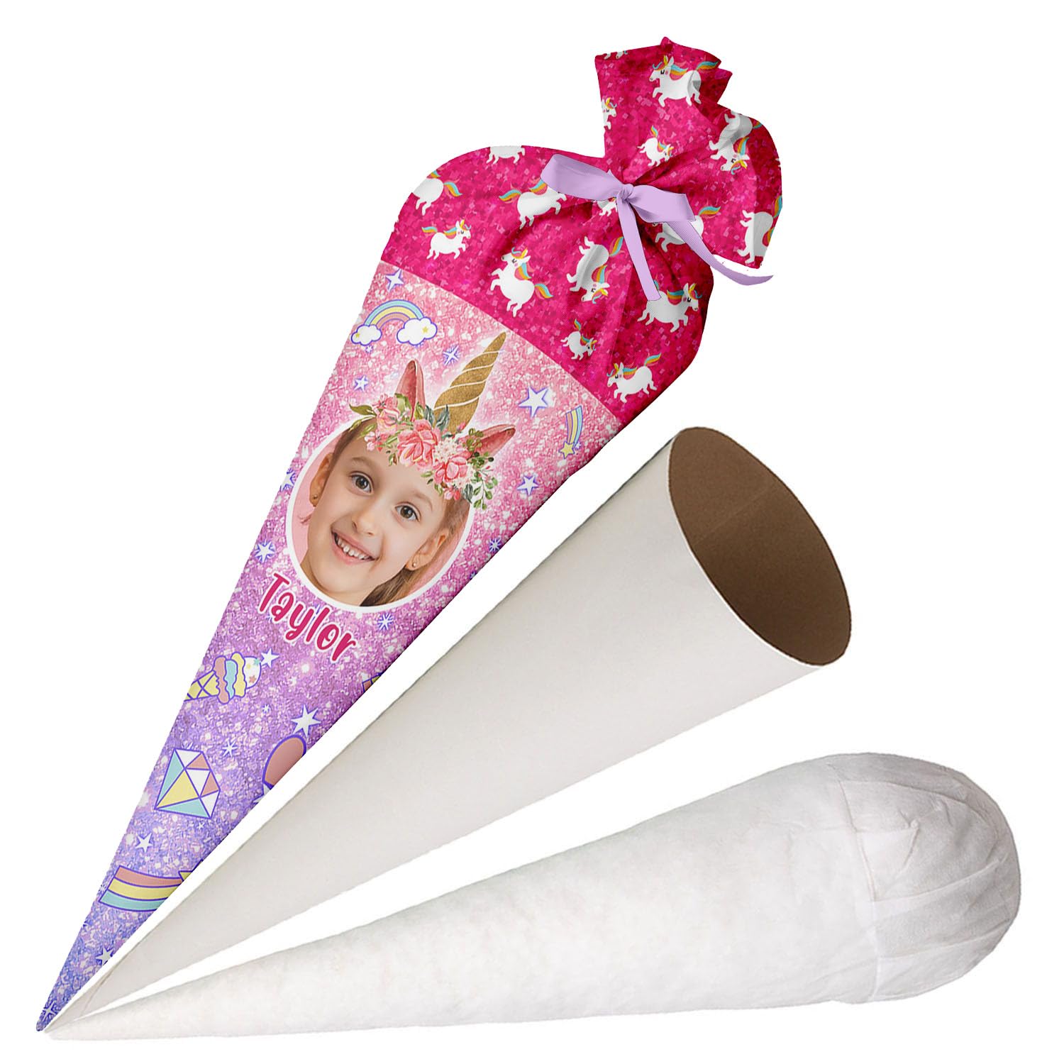 Ferocity Cono di Scuola Unicorno Glitter PHOTO Personalizzato 70 cm Cono di Zucchero con Struttura di Cartone e Riempimento Grande Cuscino