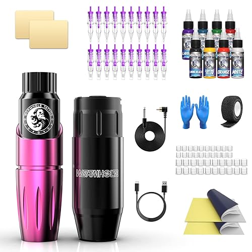 Wormhole Máquina de tatuaje inalámbrica, kit de pistola de tatuaje completamente con fuente de alimentación de batería de tatuaje, 20 agujas de
