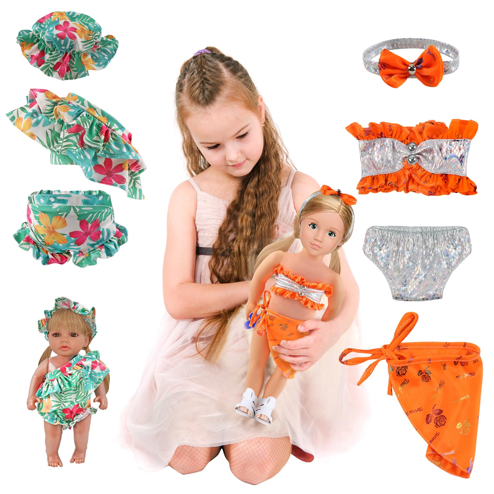 4 PCS Swimming Doll Clothes Set including Bikini Swimsuits, Doll Clothes and Accessories for 14-16 Inch Girl Dolls - Image 2