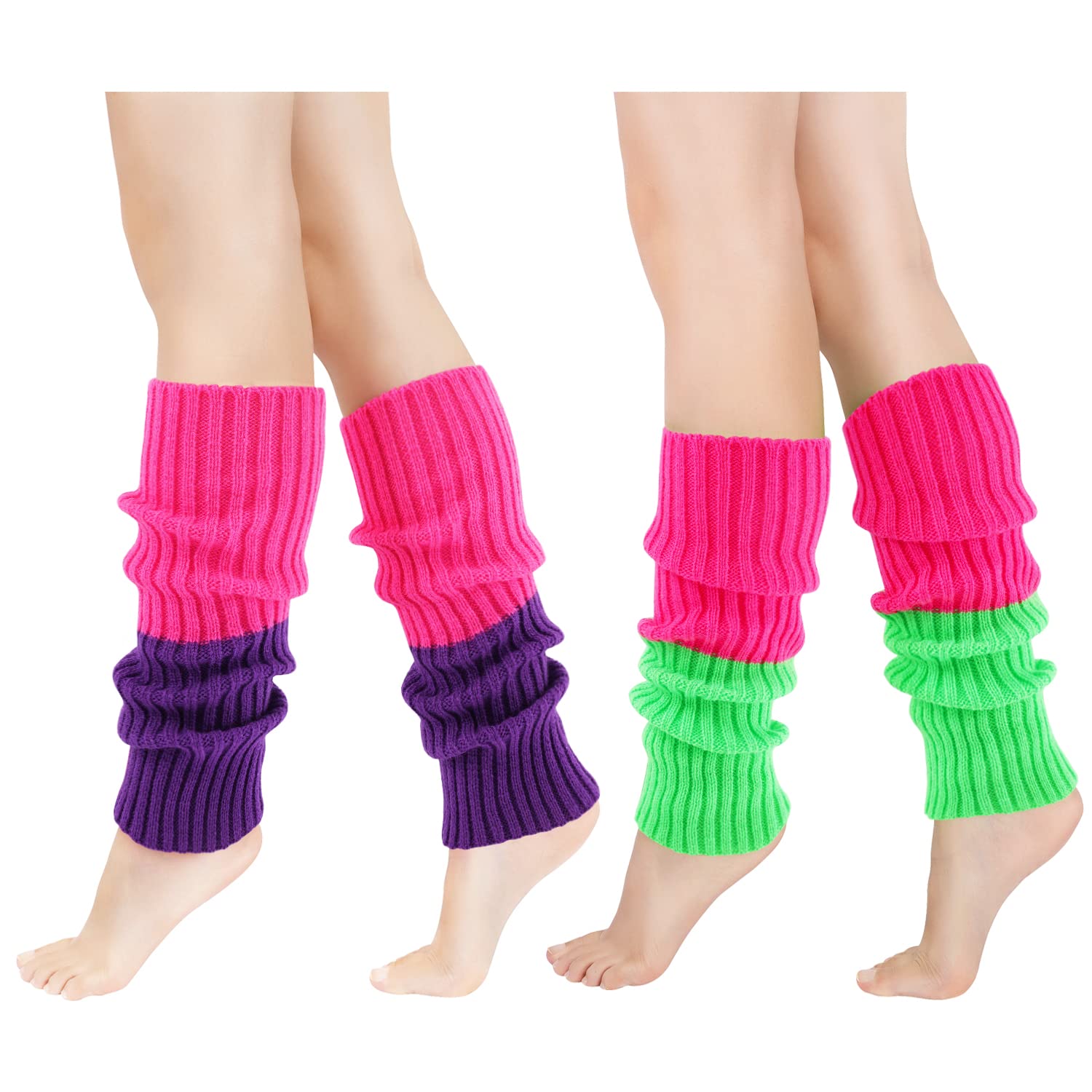 Junely 2 Pairs Leg Warmers for Women 80s Ribbed Knit Leg Warmer Pack for Ballet Dance Figure Skating Yoga Party Neon