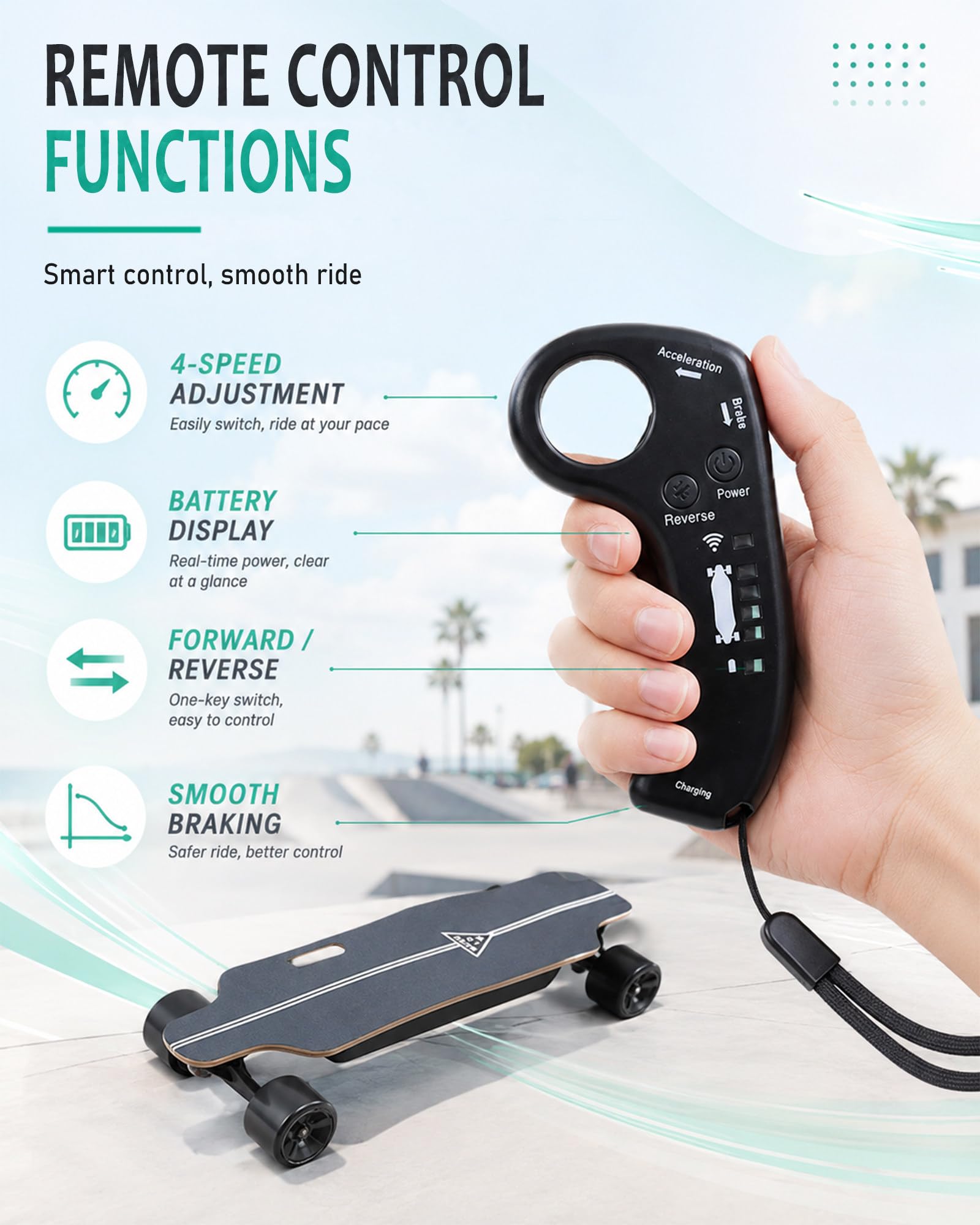 Skateboard Électrique Portable, Planche Cruiser à Double Moteur 15km | Roues 105mm, Moteurs Doubles et Télécommande LCD pour Contrôle Précis sur Campus, Parcs et Sorties Week-end