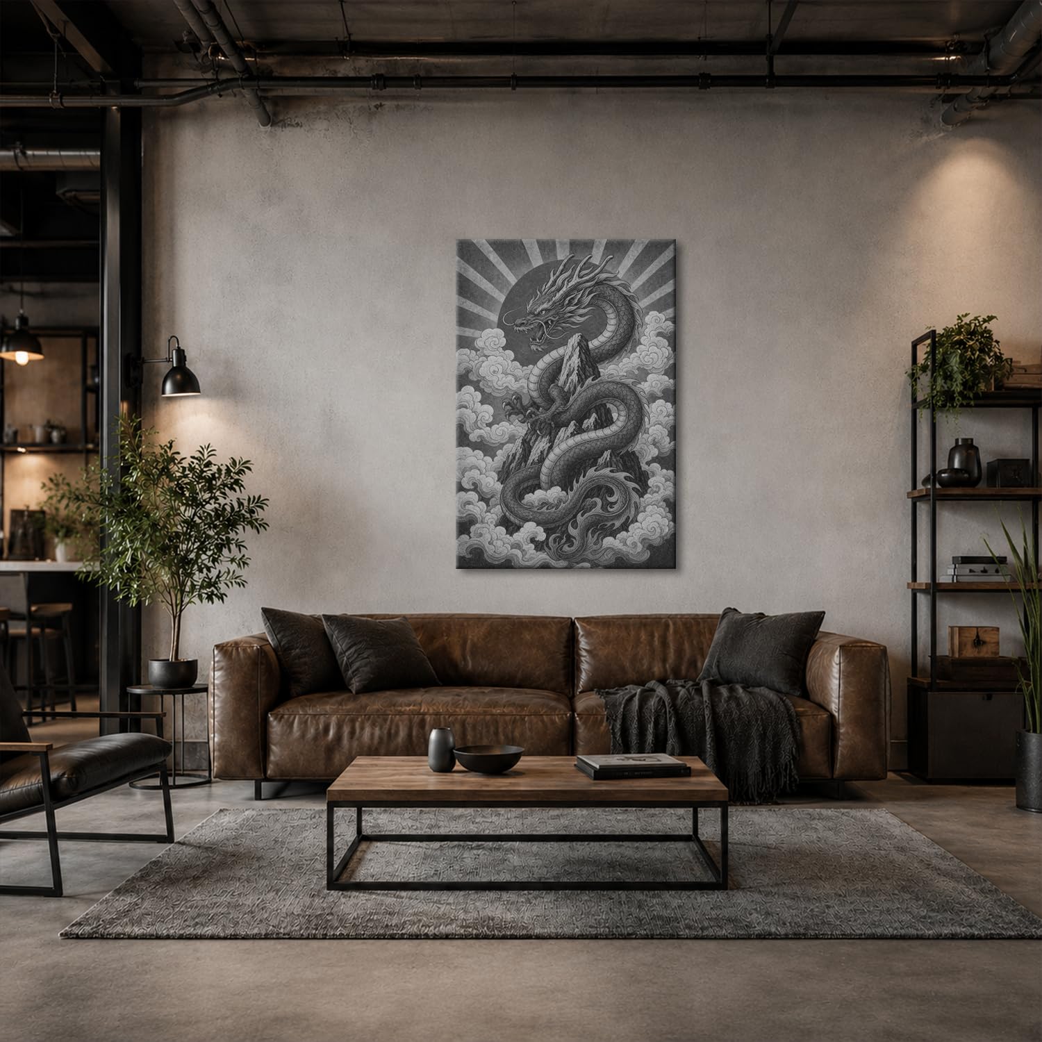 Obraz na płótnie Chiński smok wokół szczytu góry 60 x 40 cm czarno-biały