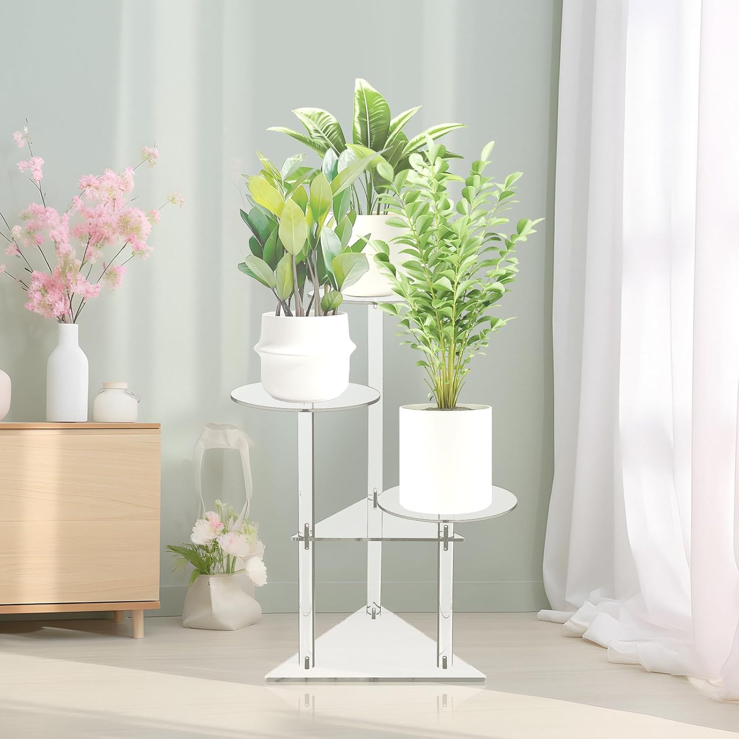 Jusalpha Clear Acrylic Corner Plant Stand, 3-Tier, Indoor Display Shelf for Plants and Flowers, 11 Pounds Load Capacity