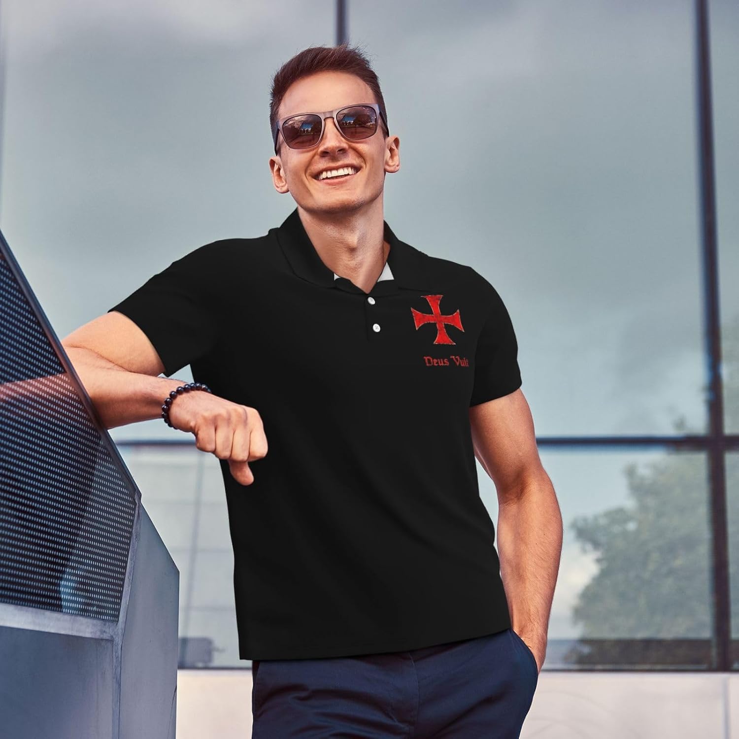 Deus Vult Crusader Templar Cross Polo Shirts for Men, Mens Golf Shirt Quick-Dry Short Sleeve Casual