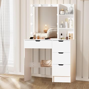 Modern Vanity Desk, Cute Dressing Table with 4 Drawers, Lighted Mirror, Vanity Mirror 3 Lighting Color Adjustable, Bedroom Vanity Table for Women and Girls