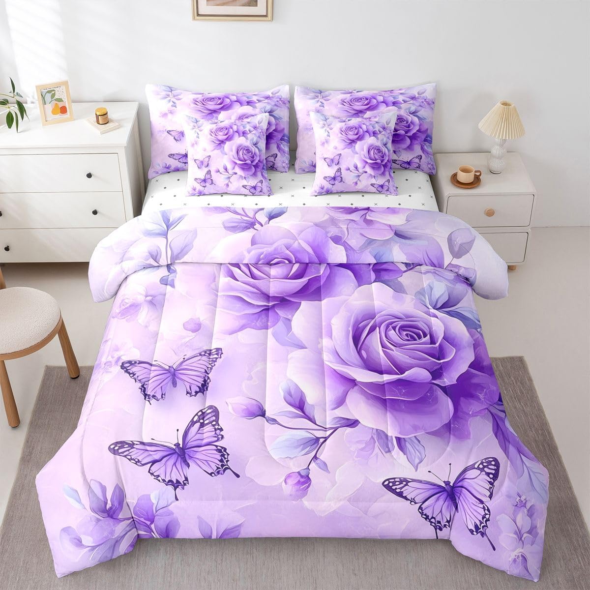 Erosebridal Purple Floral 7 Piece Bedding Set Full Butterfly Comforter Set with Sheets Romantic Aesthetics Dreamy Bed in A Bag Valentines Day Bed Sets with 2 Pillowcases, 2 Throw Pillow Covers