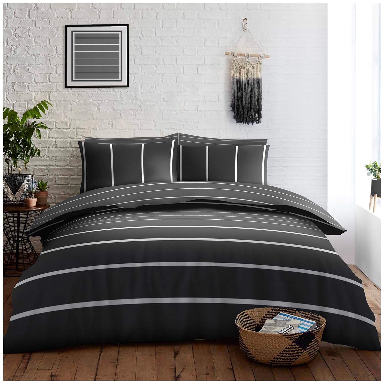 GC GAVENO CAVAILIA 3PC Plaid Stripe Bedding King Bed Set, Black-Charcoal