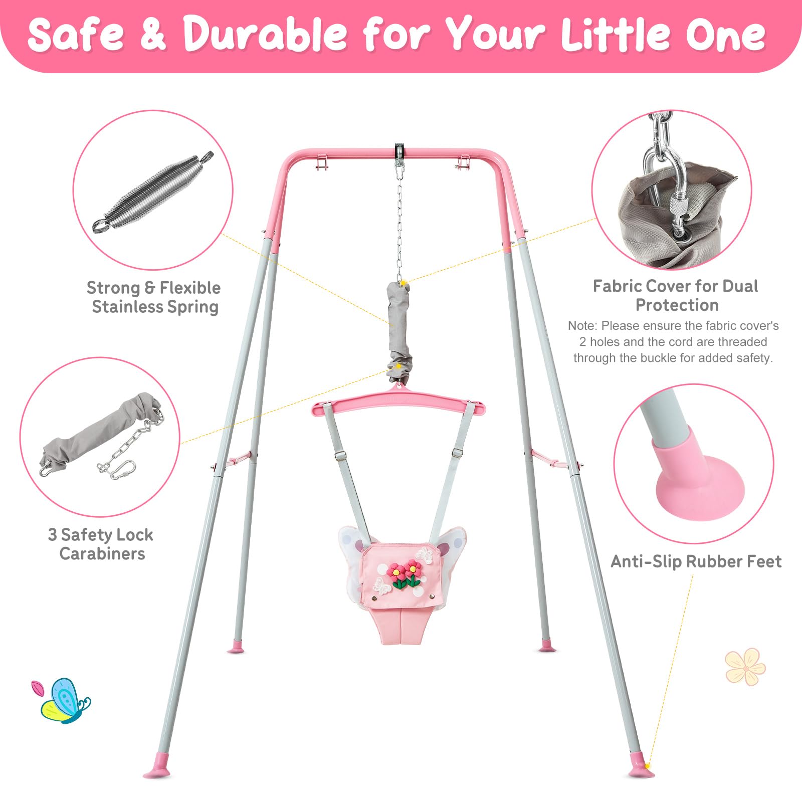 FUNLIO Baby-Hüpfsitz mit Ständer für 6–24 Monate, verstellbare Kette, Rosa Schmetterling