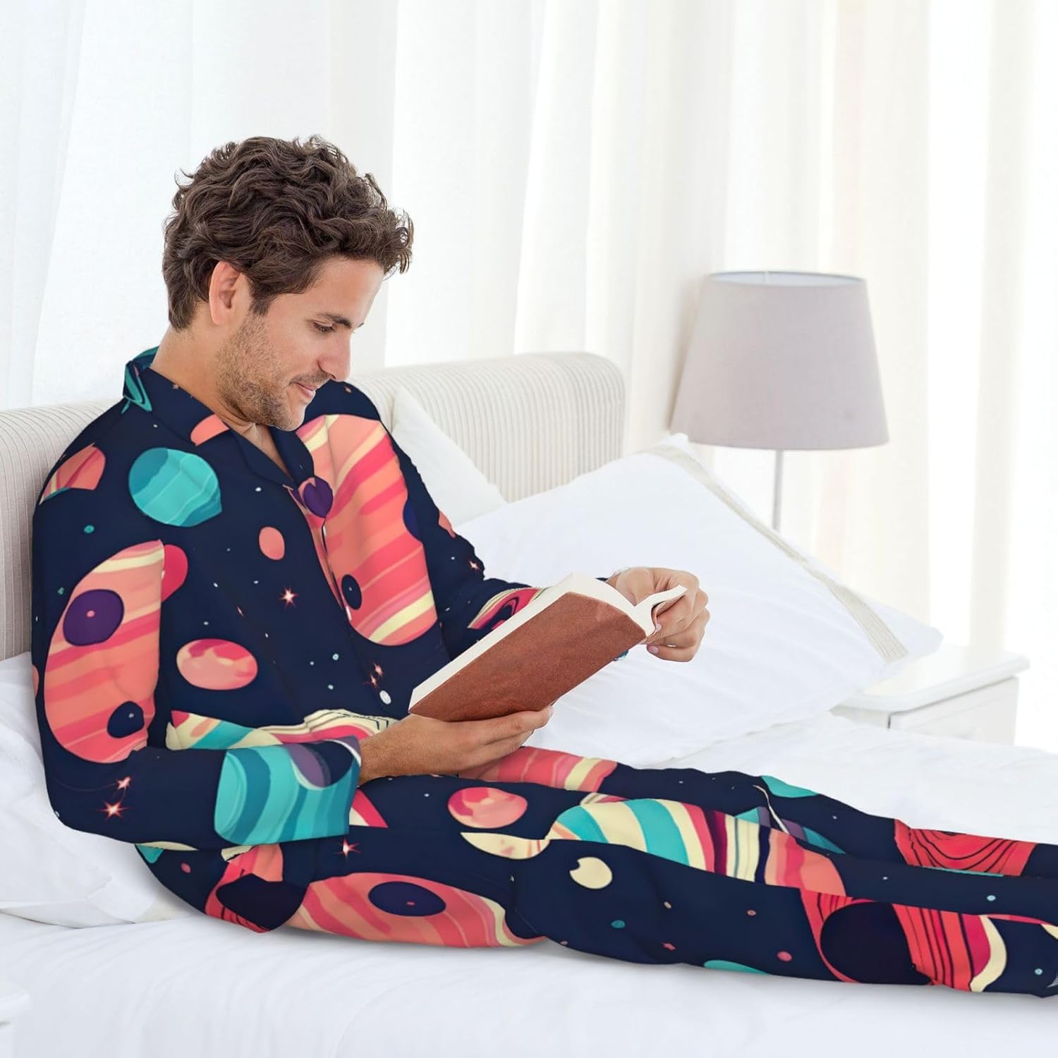 Space Planets Print Luxurious Mens Pajamas Set,Breathable Pajamas Set,Perfect For Lounging Bed,Sofa