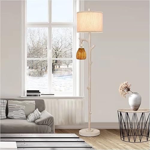 Lámpara de pie rústica de 63.5 pulgadas de alto para tronco de árbol de granja, pantalla de mimbre con acabado lavado blanco y tela de lino, lámpara disponible en Yaxa Colombia