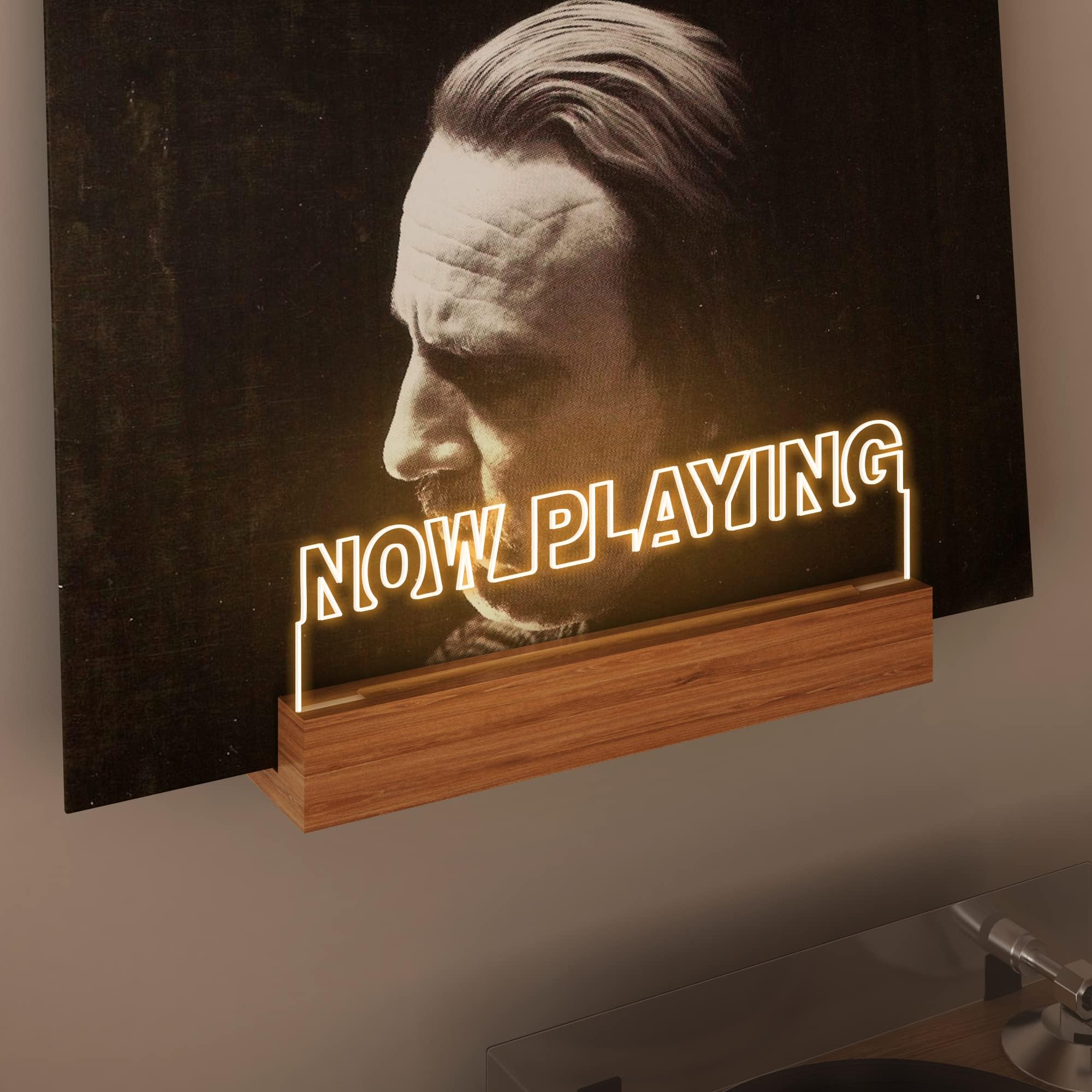 YuanDian Now Playing Record Stand Wall Mounted Record Display Wood Acrylic LED Lamp Desk with USB Powered Illuminated LED Display