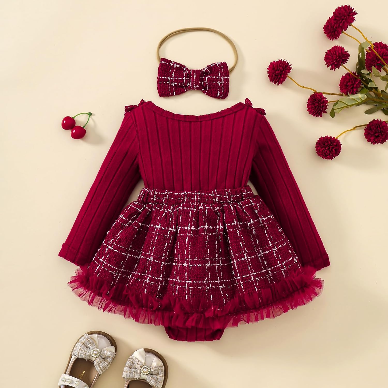 Newborn Baby Girl Clothes Long Sleeve Romper Dress Infant Lace Ruffle Fall Winter Outfit with Headbond - Image 3