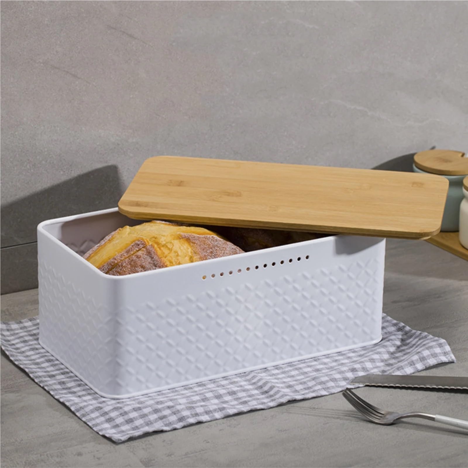 Panera Caja de pan de Metal, contenedor de almacenamiento de pan con tapa, contenedor de almacenamiento de alimentos for cocina, encimera, hogar(WHITE)