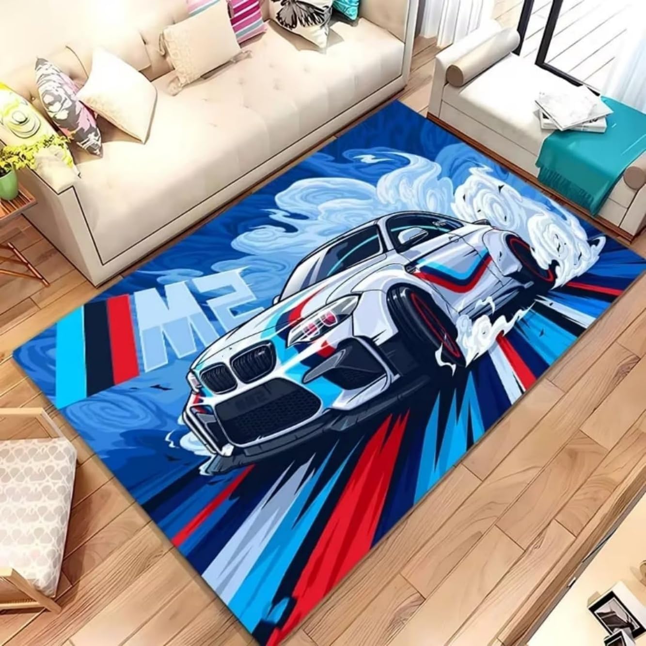Tappeti da Gioco per Camerette Ragazzi,3D Fashion Racing Car Artwork Tappeto Soggiorno Camera da Letto Tappetino per Divano Pavimento,Racecar Antiscivolo Decorazione Rugs (Blue,140x200 cm)