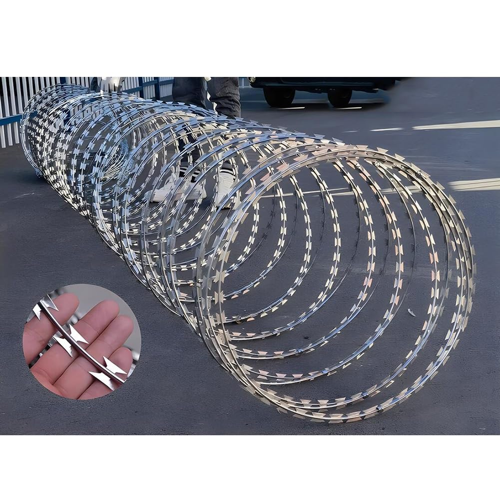 Zfmnoyev Razor Wire Galvanized Barbed Wire, Galvanized Steel Wire Helix Coils, Security Chain Fence, for Outdoor Farm, Fence, Garden (Color : Silver, Size : 250ft)