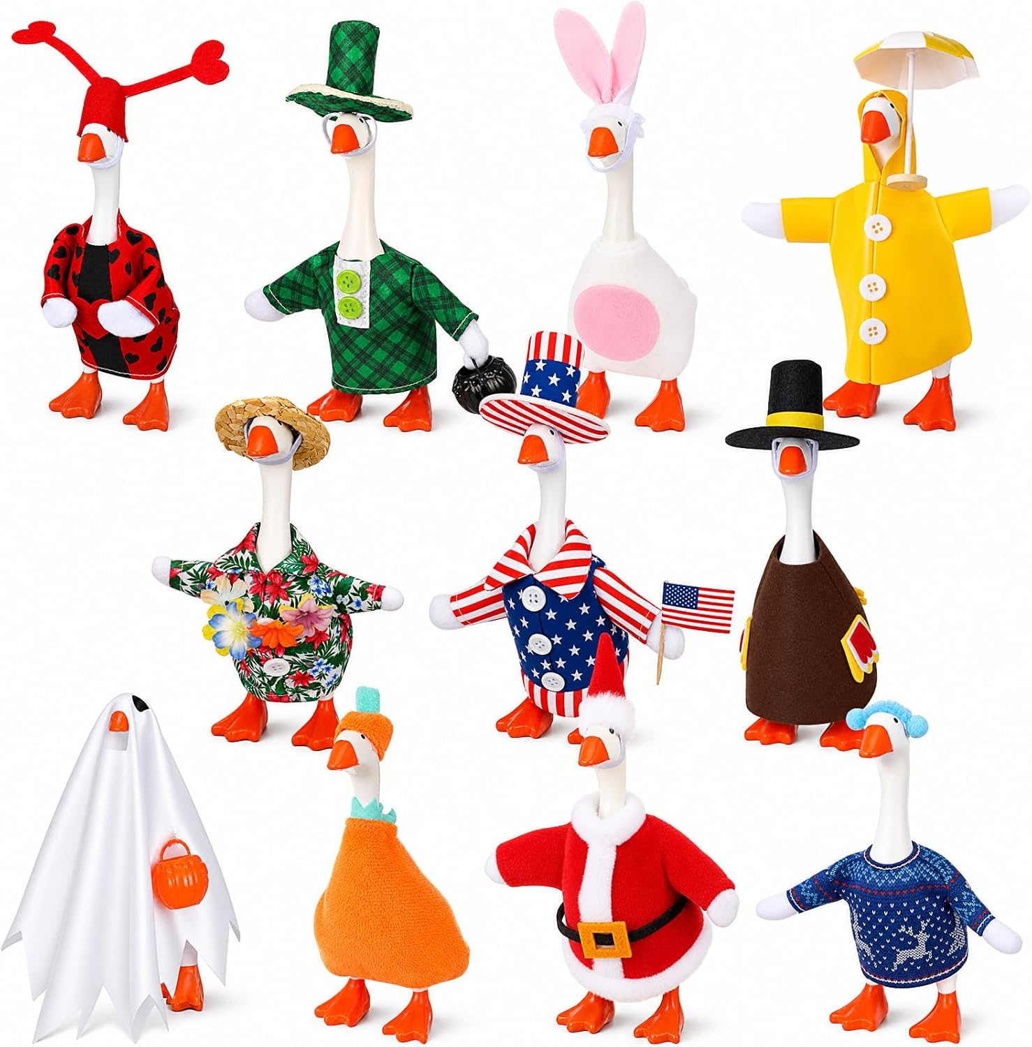 11 Set Holiday Porch Goose Outfits All Seasons Goose Clothes Umbrella Easter Statue Costume for Patio Lawn Outdoor