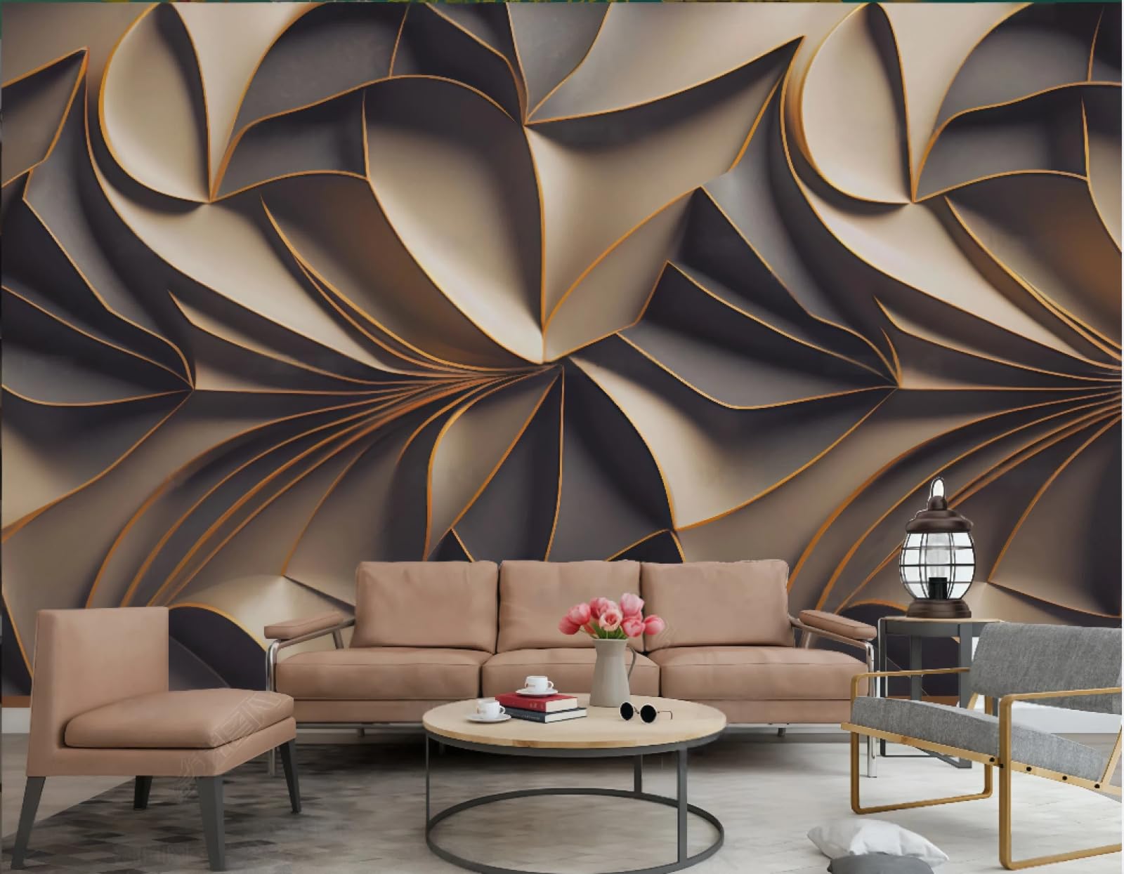 Tapeta sztuka nowoczesna rzeźba złota linia fala relief abstrakcyjny marmurowy wzór TV sofa tło tapeta ścienna salon restauracja kawiarnia mural, 3D, 430 x 300 cm