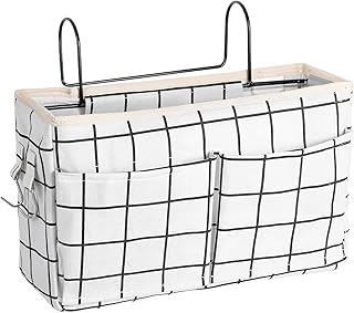 Bedside Caddy Organizer Hanging Storage Basket with Large Pockets & Hooks, Heavy-Duty Canvas Bedside