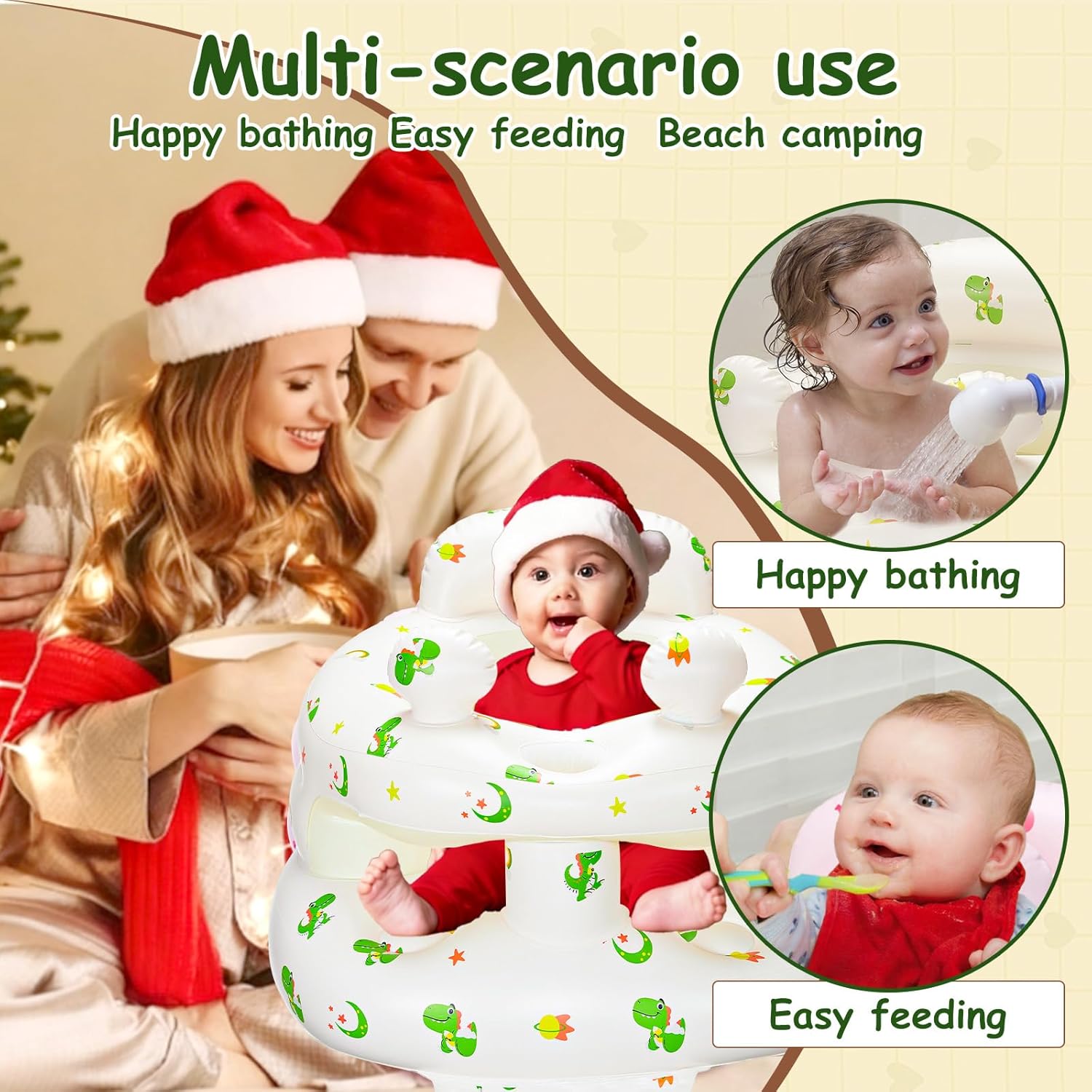 Inflatable Baby Seat for Babies 3-36 Months，[Squeaky Sound & Anti-Fall Design] Inflatable Chair with Sound-Making Ears, Baby Seat for Sitting-Up Practice, Built-in Air Pump (Ear Dinosaur)