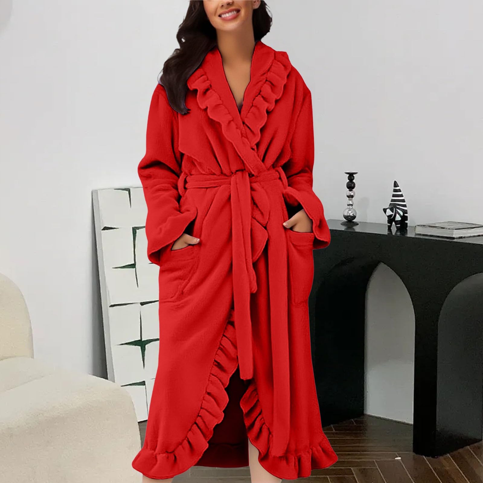 Accappatoio da donna in flanella spessa, leggero, termico, S-XL | Loungewear - Pigiama da donna con volant, vestibilità larga, collo a risvolto, con cintura, tinta unita, caldo negligee