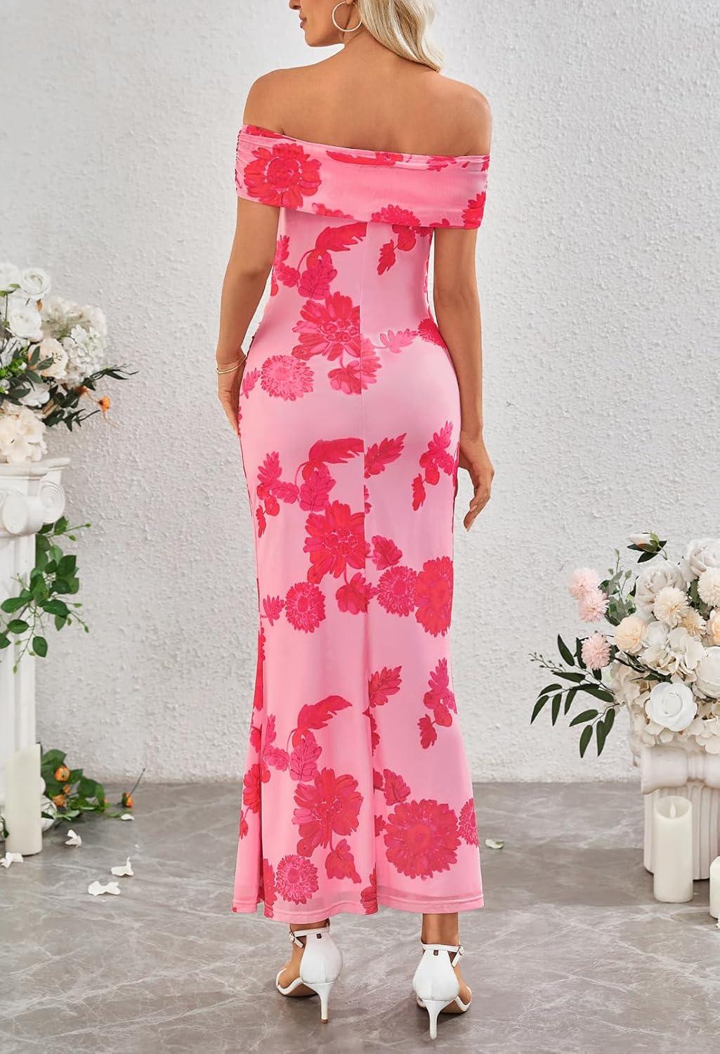 MEROKEETY Women's Spring Off Shoulder Floral Maxi Dress 2026 Summer Formal Beach Wedding Guest Cocktail Bodycon Dresses - Image 4