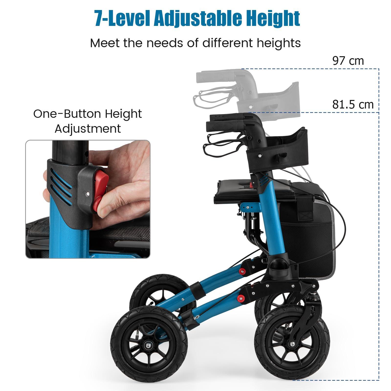 HOMASIS 2 in 1 Deambulatore per Anziani con Seduta, Deambulatore Pieghevole e Regolabile in 7 Altezze, Carrello Rollator in Alluminio per Anziani da Viaggio con Borsa, Fino a 140 kg (Blu)
