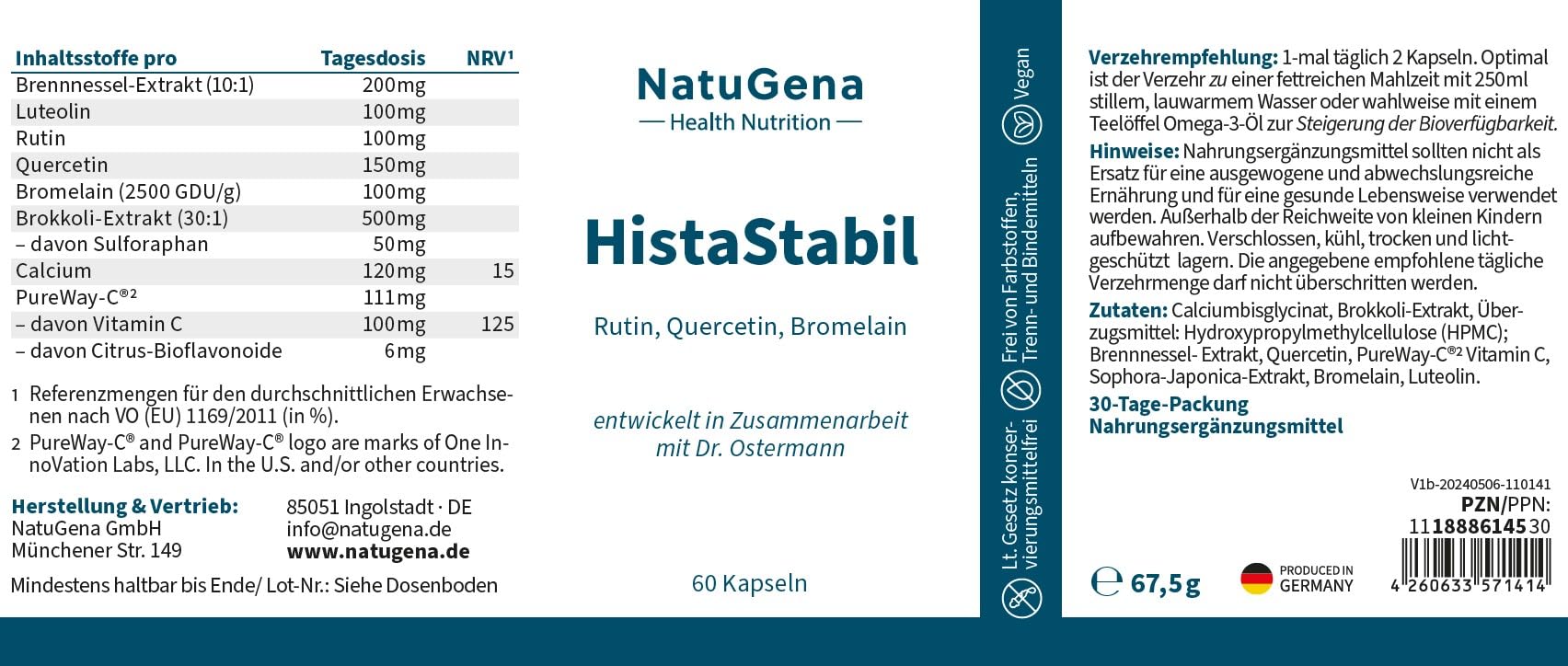 NatuGena HistaStabil Rutin, Quercetin, Bromelain, Vitamin C Pureway-C, 60 Kapseln (30 Tage Packung)