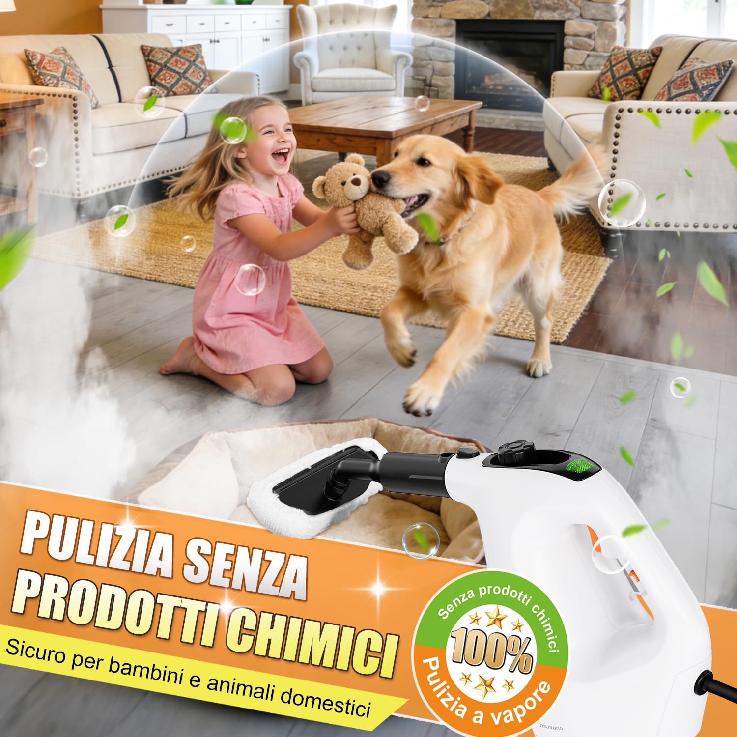 Pulitore a Vapore Portatile, Vaporetto per Casa con Riscaldamento Istantaneo 10s, Serbatoio 450ml, Pulitore Multiuso per Cucina, Bagno, Piastrelle, Fughe e Tappezzeria