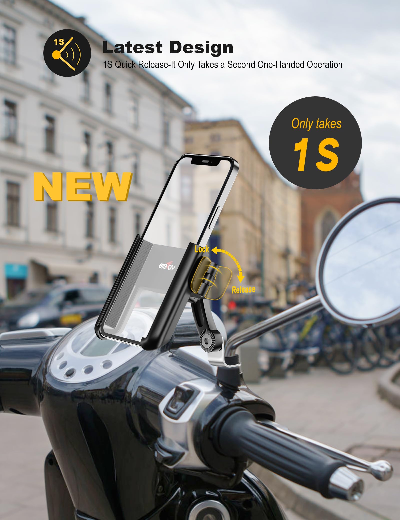 Grefay Motocyklowy Uchwyt na Telefon Komórkowy,Szybki Demontaż, Obracany o 360 Stopni Motocykl Uchwyt na Telefon do Smartfonów 3,5-7,0 Cali