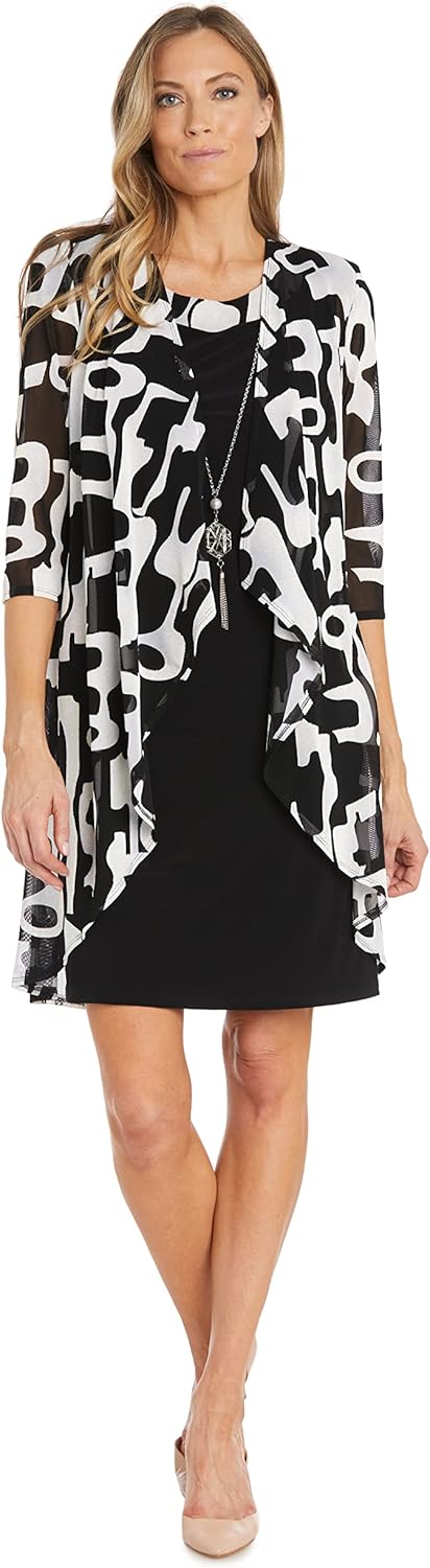 R&M Richards Women's 2-Piece Knee-Length Printed Tank Dress W/Solid 3/4 Sleeve Flyaway Jacket - Slip-On Style
